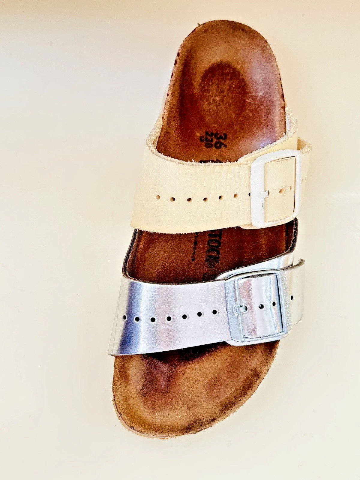 RICK OWENS + BIRKENSTOCK ARIZONA SANDALS LEATHER BEIGE SILVER WOMEN SZ 36 /US 5