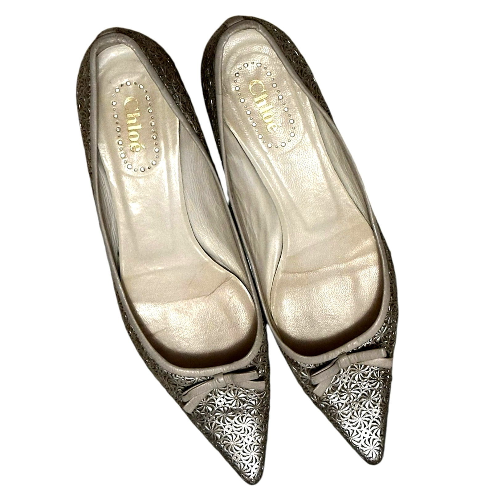 Chloe silver metallic pointed ballet bow flats size 36 US 6.5 Rare vintage style
