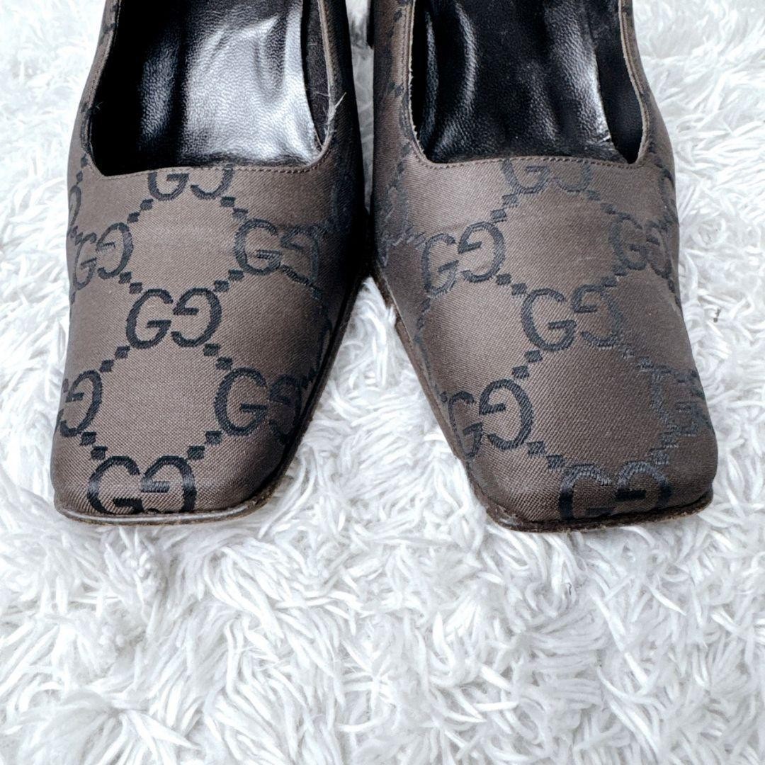 Rare GUCCI GG Pattern Brown Square Toe Heels Shoes 35.5 C 22.5cm US 5.5