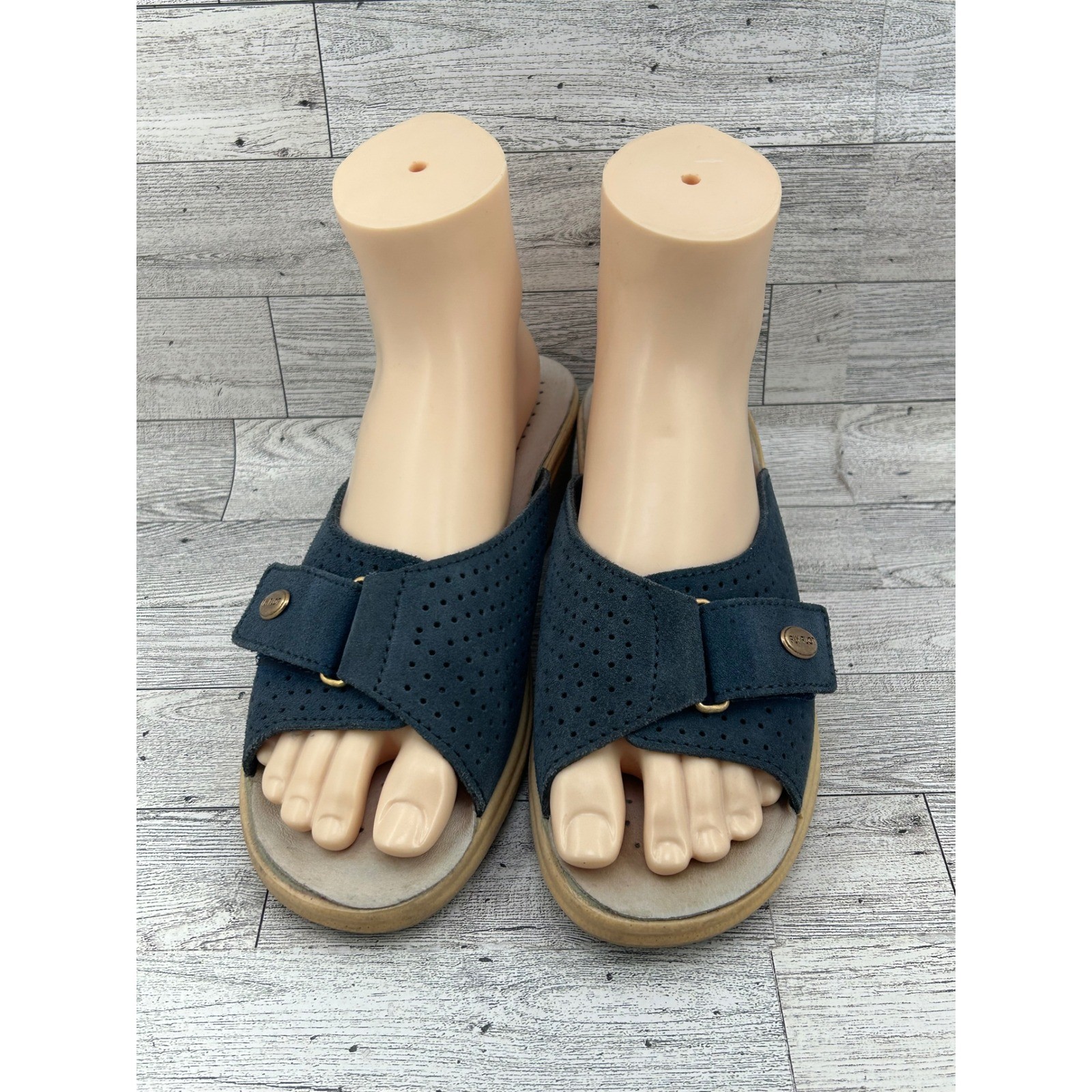 FLY FLOT Women Navy Blue Leather Perforated Slide Sandals Comfort Sz EU 39 US 8