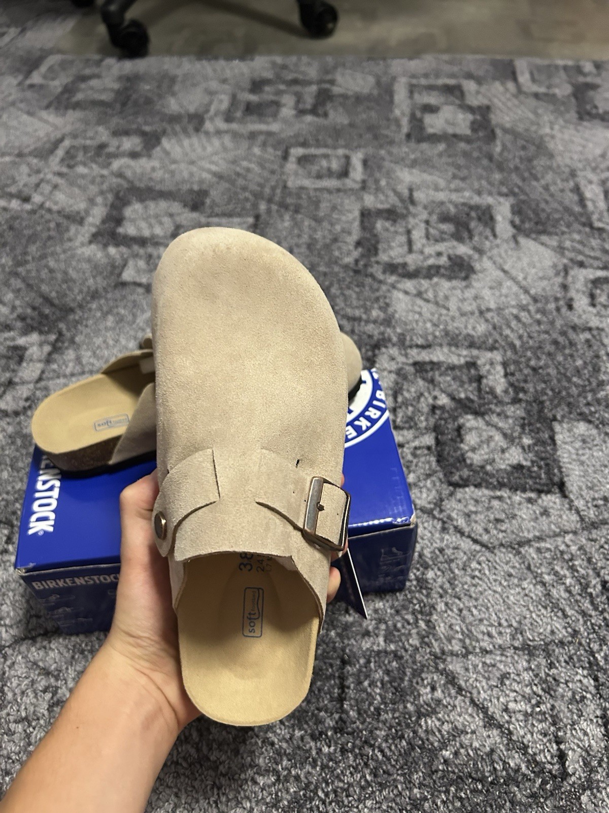 Birkenstock Boston Suede Clogs Womens Taupe Normal Soft Footbed Sandals