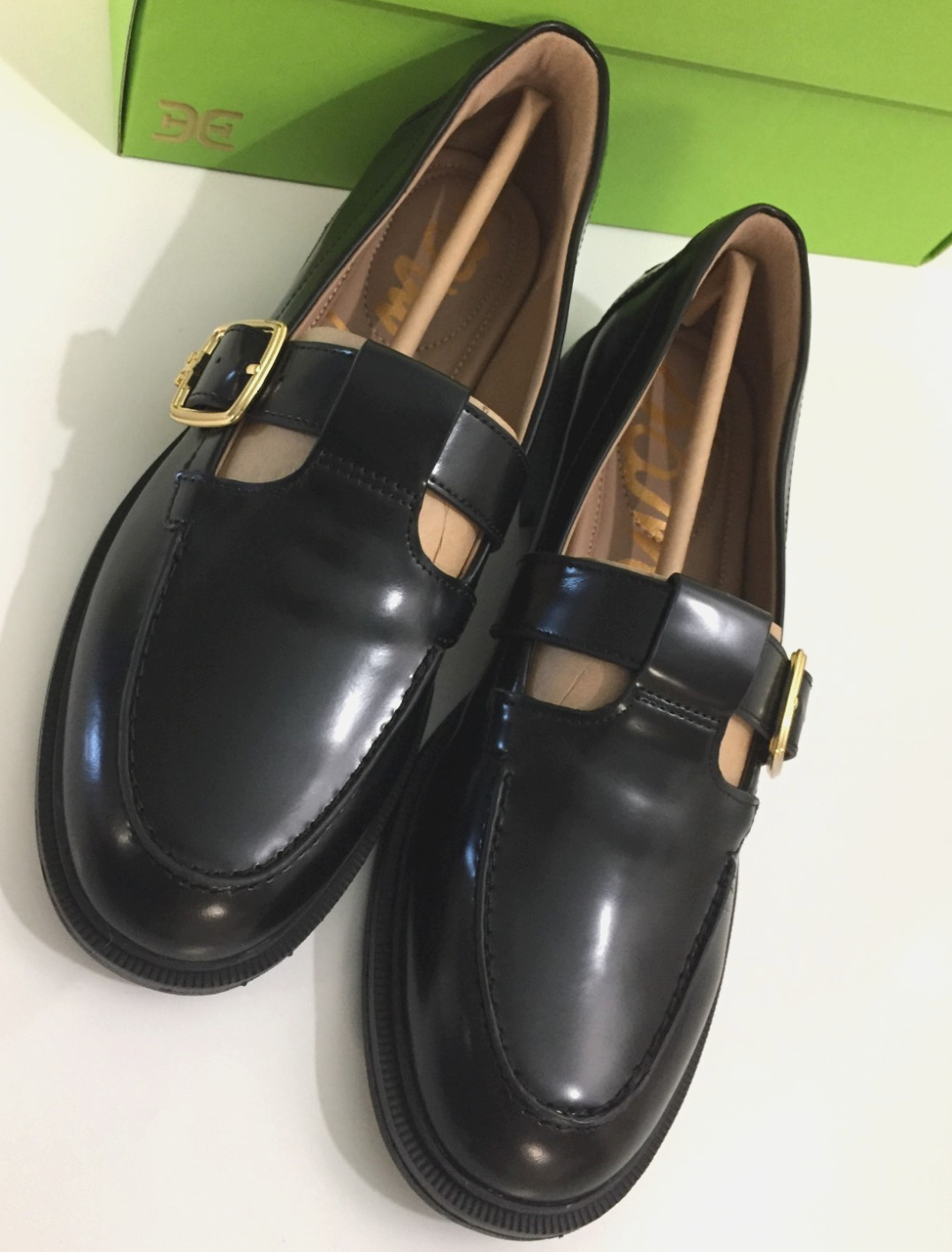 Sam Edelman Women’s Elaina Slip On Black Lea Loafers Gold buckle