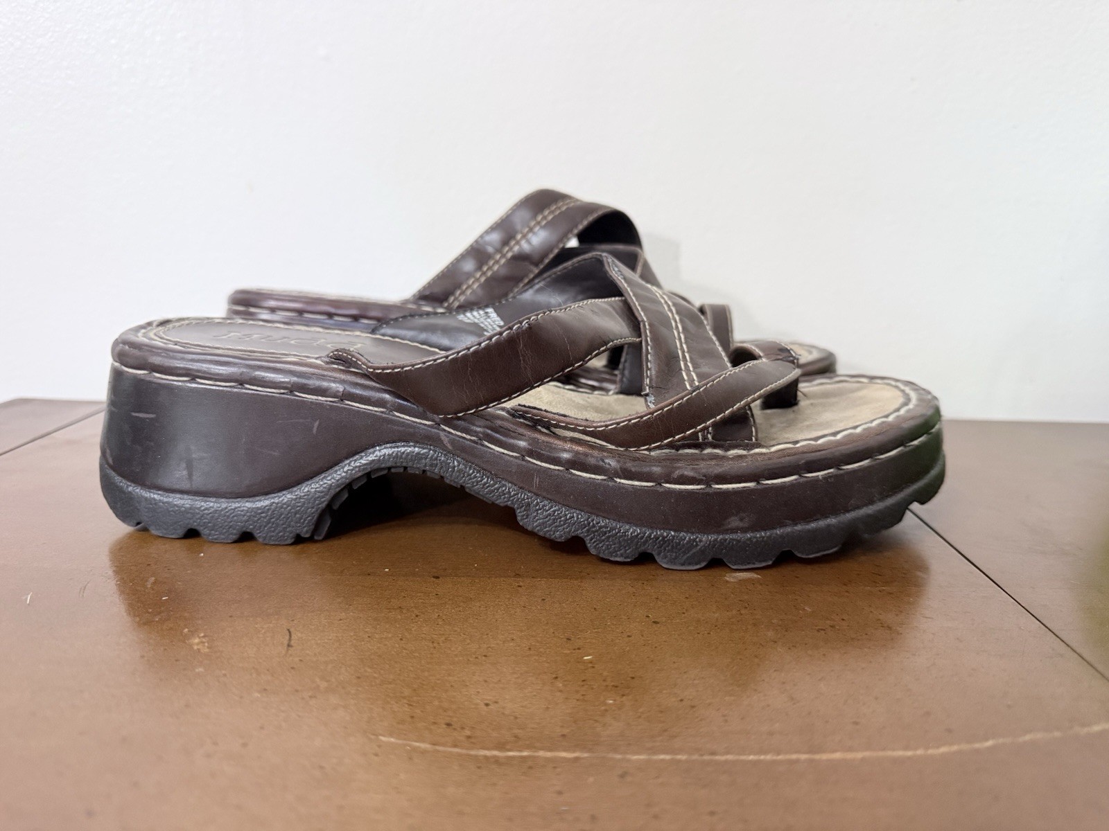 Vintage Y2K Mudd Chunky Platform Wedge Brown Strappy Slip On Sandal 10M Boho
