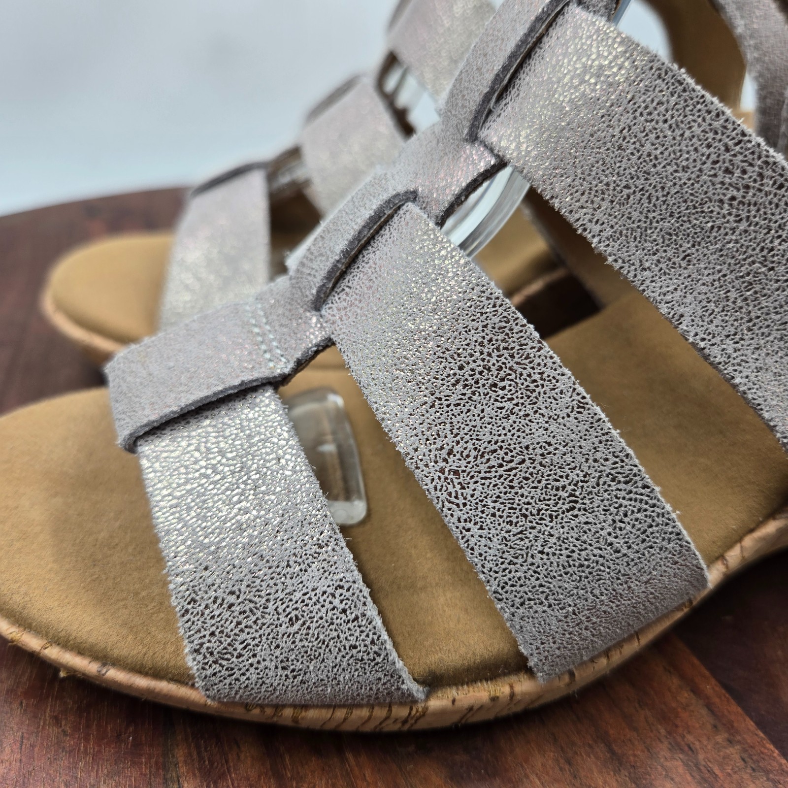 Rockport Briah Sandals Women’s 9M Gray Silver Tan Suede Strappy Gladiator Wedge
