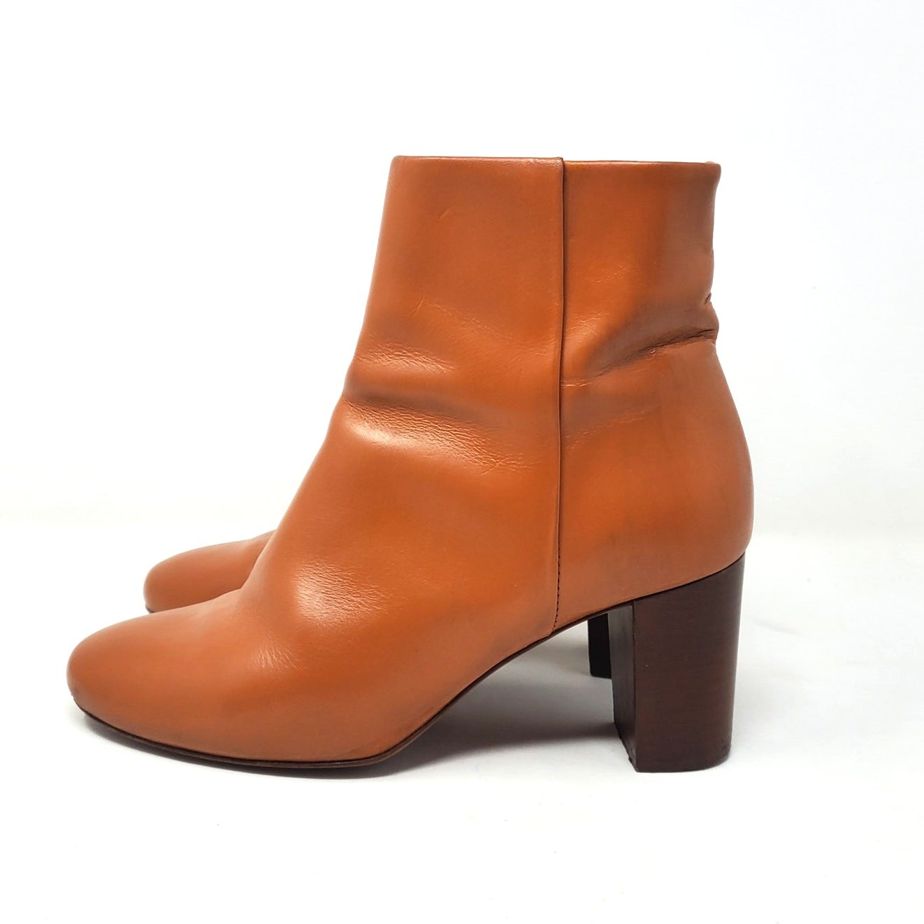 Sezane Lea Ankle Boots Block Heel Smooth Heritage Camel Tan Leather Size 39 US 8