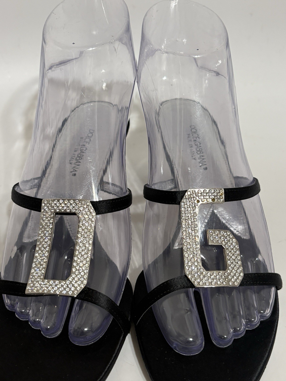 Vtg Dolce & Gabbana Black Satin Crystal Logo Sandal Heels 36
