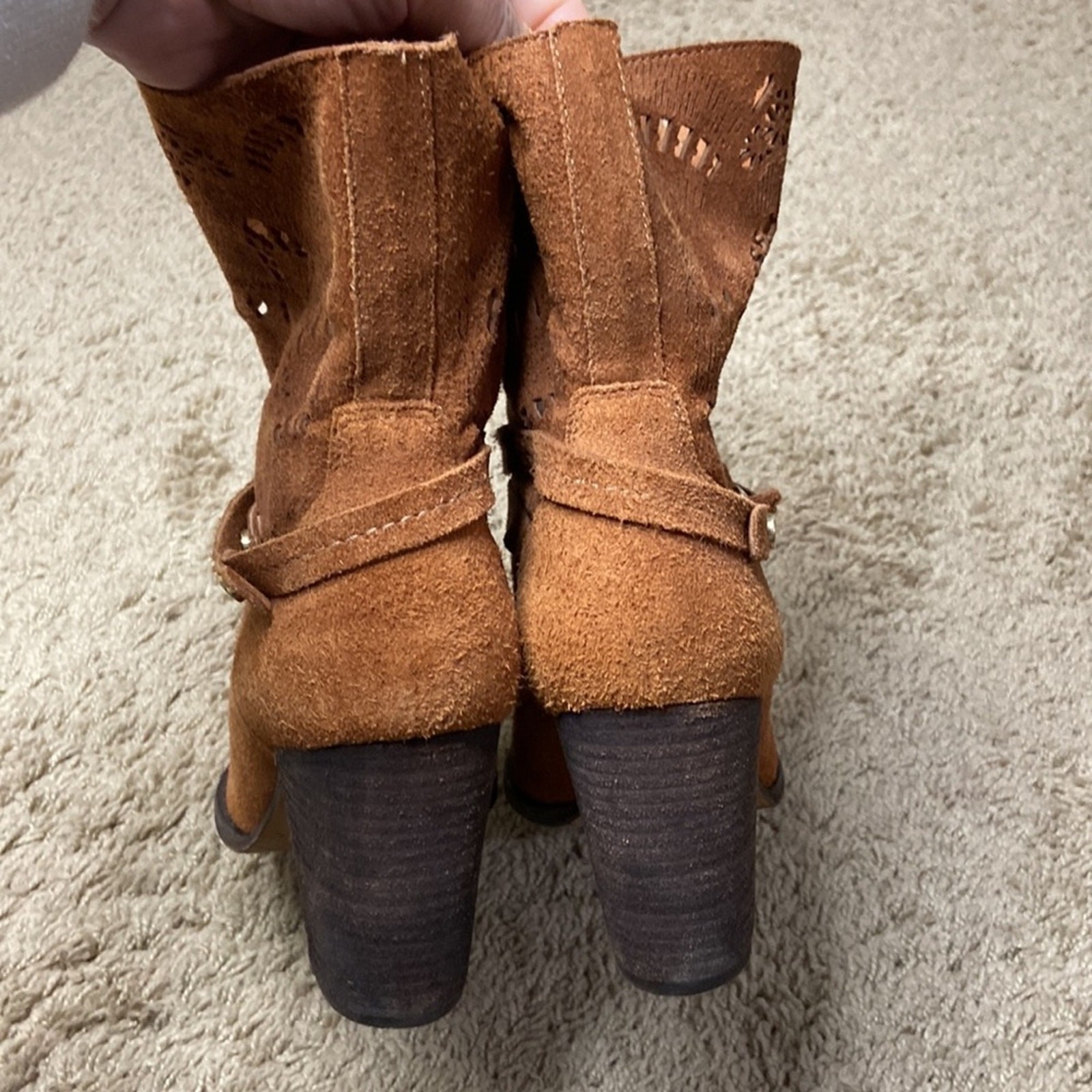 Luz Da Lua Women Caramel Cut-outs Suede Leather Boots Size 9