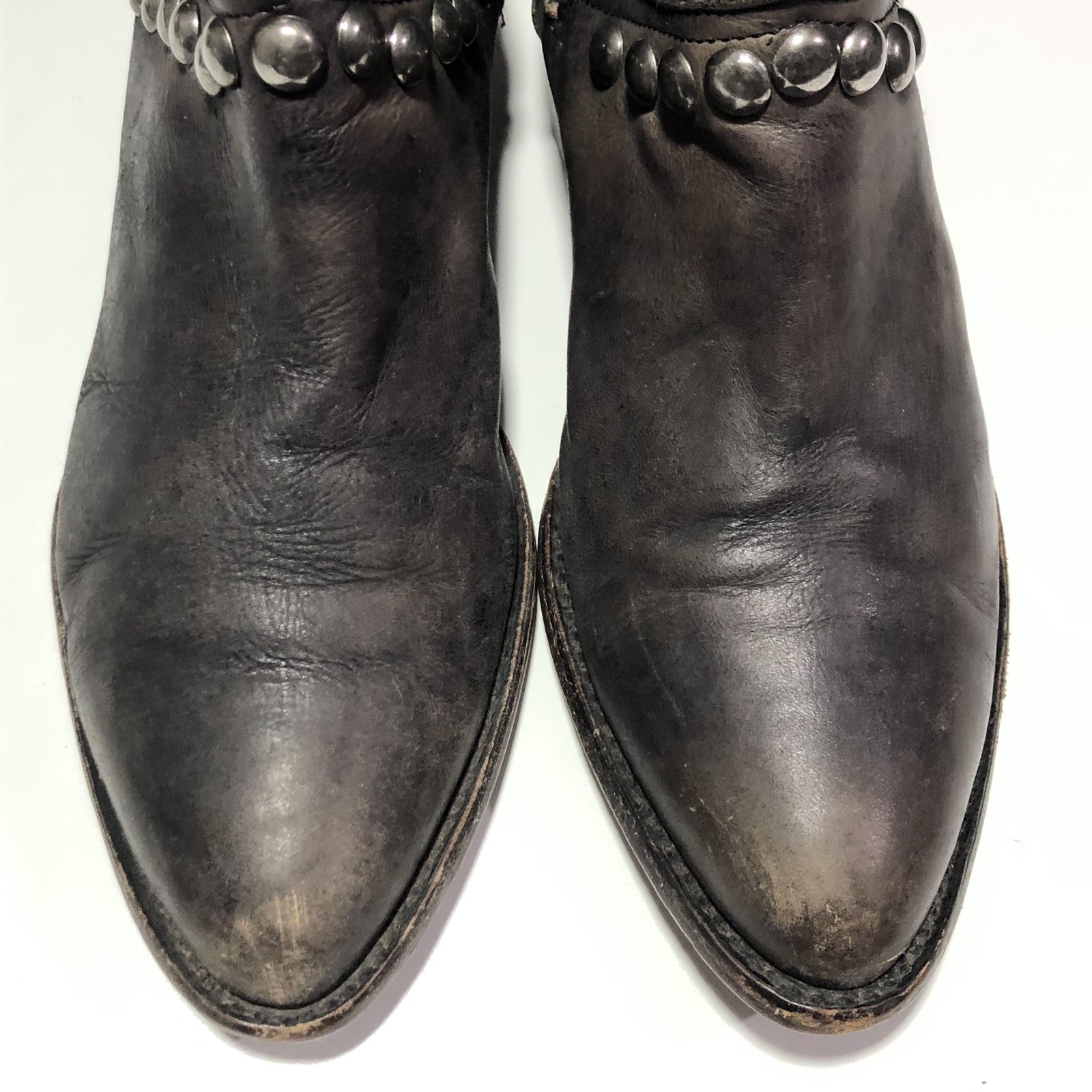 Matisse Studded Ankle Leather Moto Booties 6.5 Taupe Distressed Zip Pointed Toe