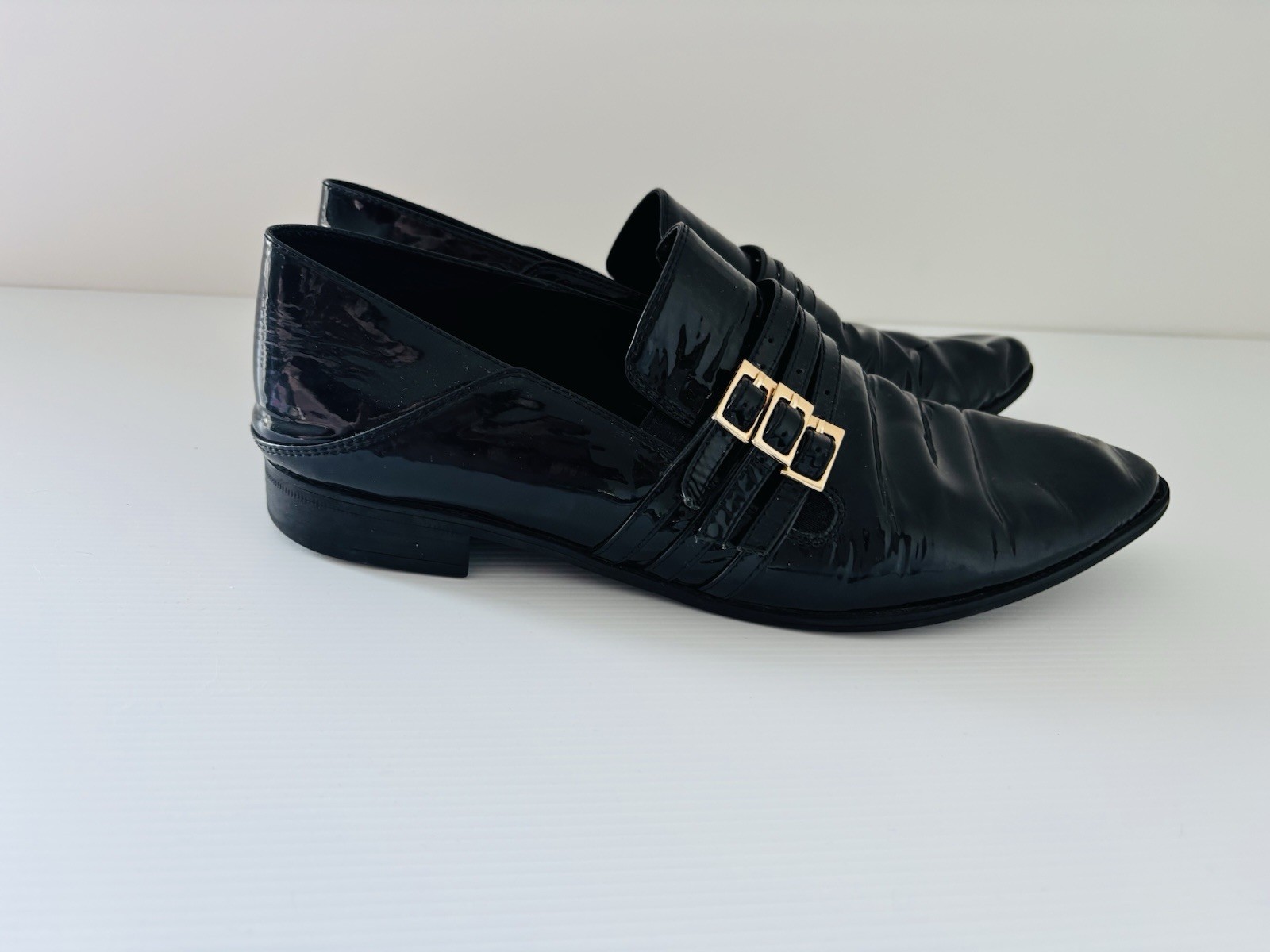 Midas Black Patent Leather Loafers Triple Buckle Womens Shoes Size 40 / 9