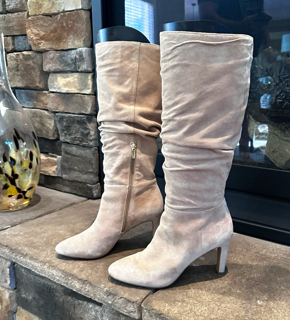 Vince Camuto Women’s Beige Suede Knee-High Zip Riding Boots Pointed Toe 9M