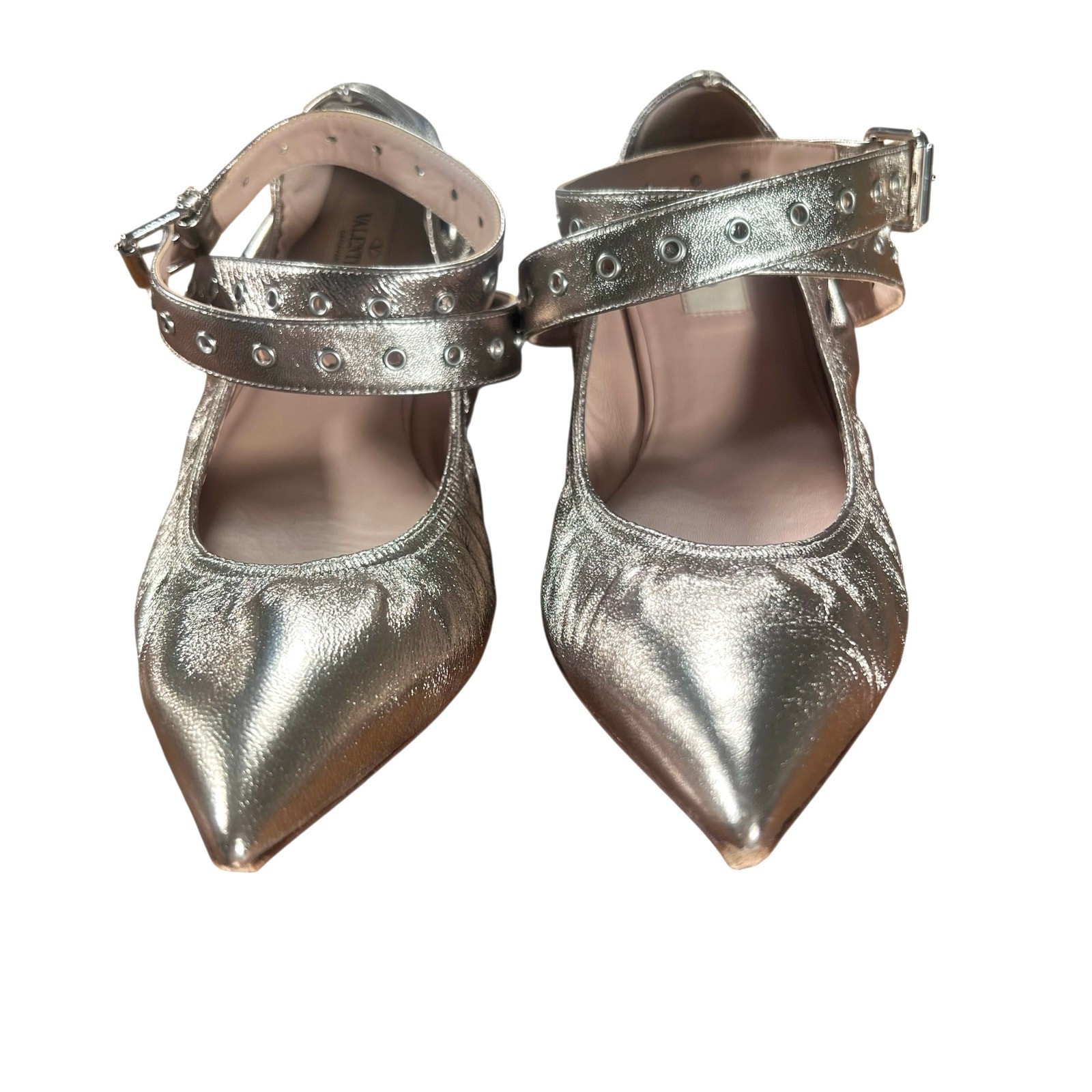 Valentino Garavani Love Latch Metallic Leather Point Toe Flats – EU40 US 9-9.5