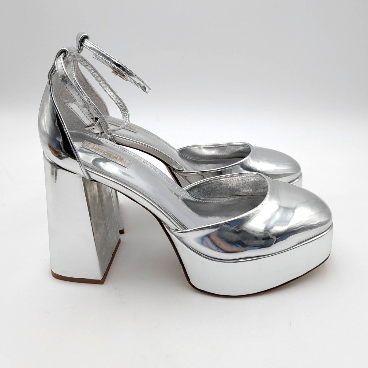 Larroude Ari Block Heel Pump Ankle Strap Women’s Silver Specchio Size US10 EU41