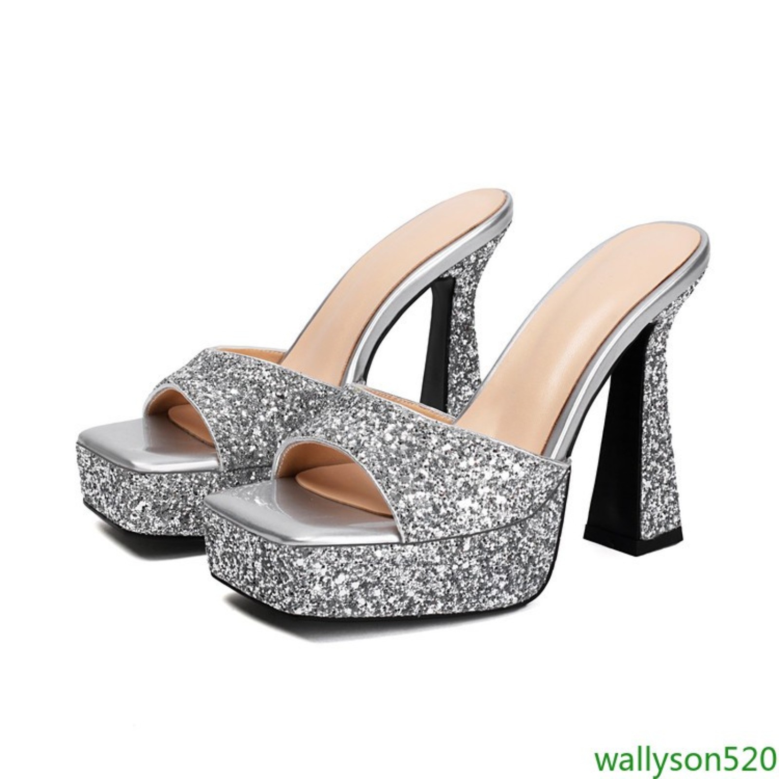 Women’s Glitter Open Toe Slip On Platform Flared Block Heel Mule Slide Sandals