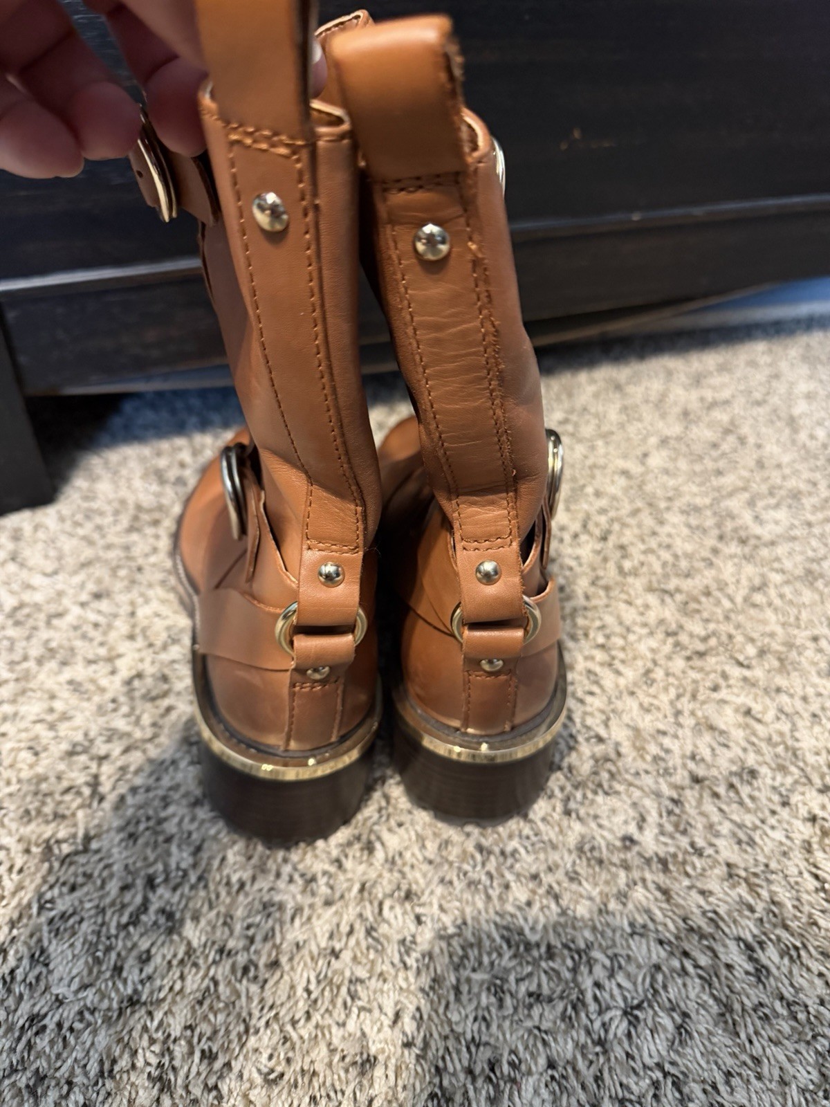 Vince Camuto Kerivini Brown Leather Mid-Calf Boots Zip Buckle Comfort 7M