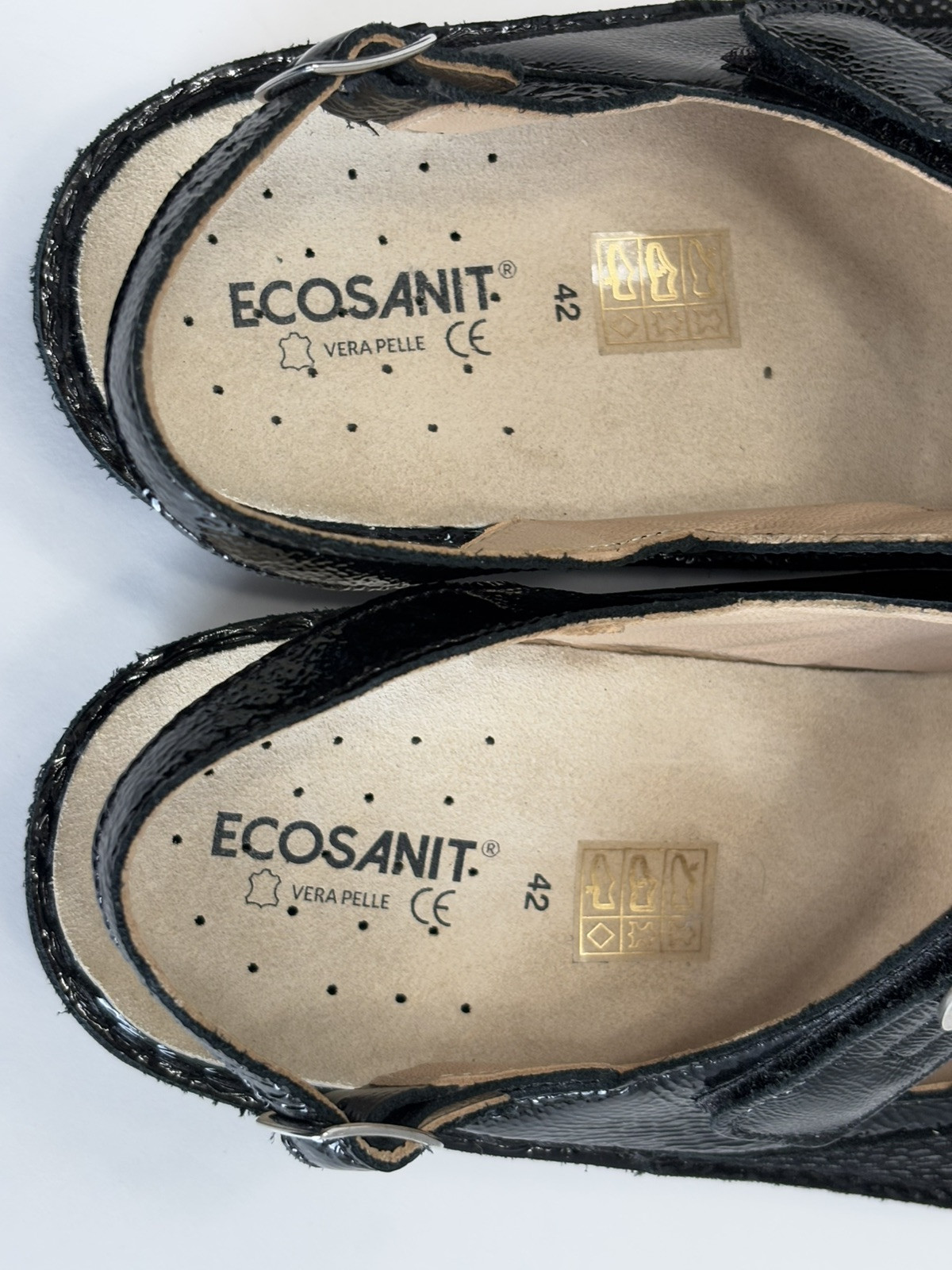 Ecosanit Womens Black Patent Leather Ankle Strap Comfort Sandals Italy Sz 42 /11