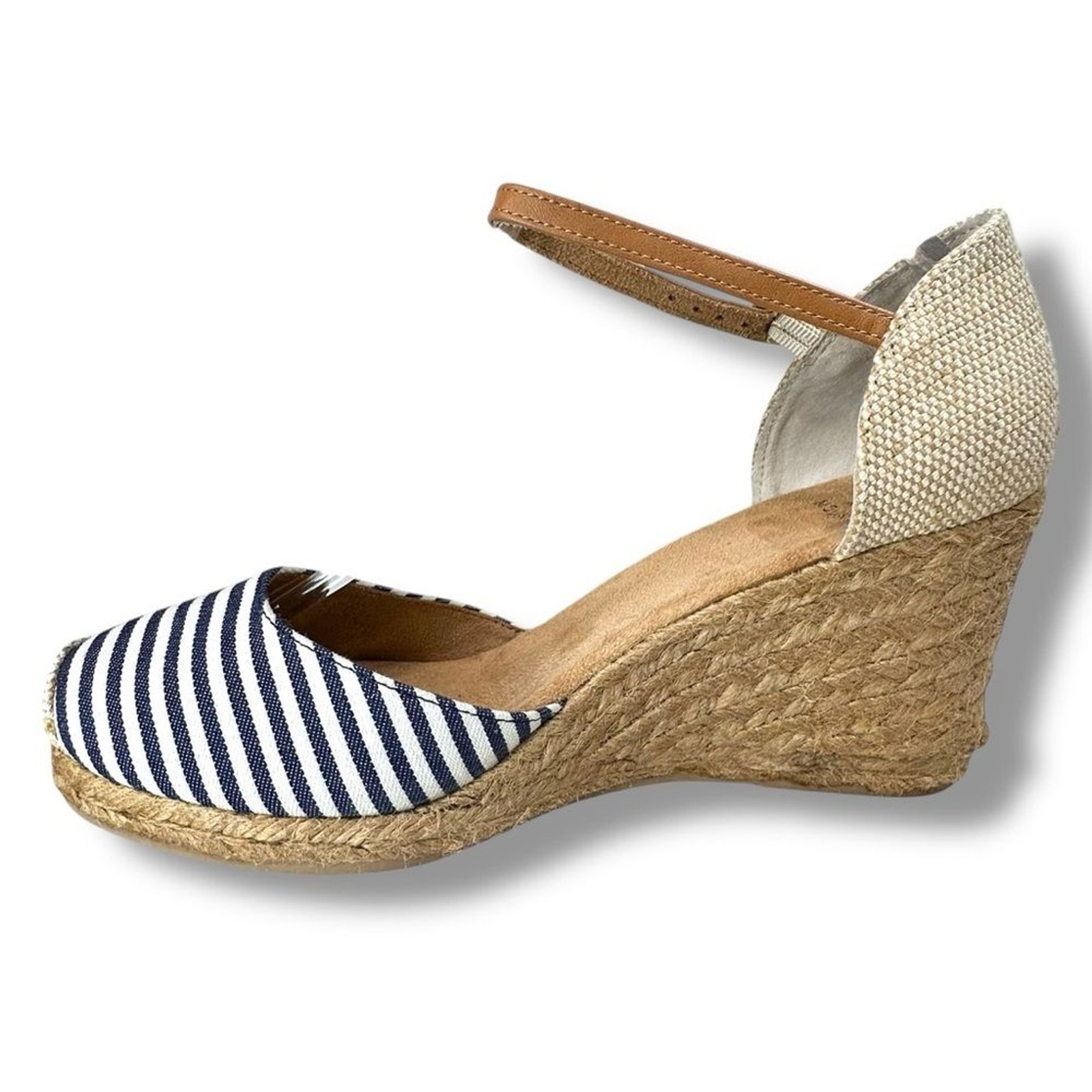 White Mountain Mamba Ankle Strap Espadrille Wedge Sandals Blue White Stripe 10M
