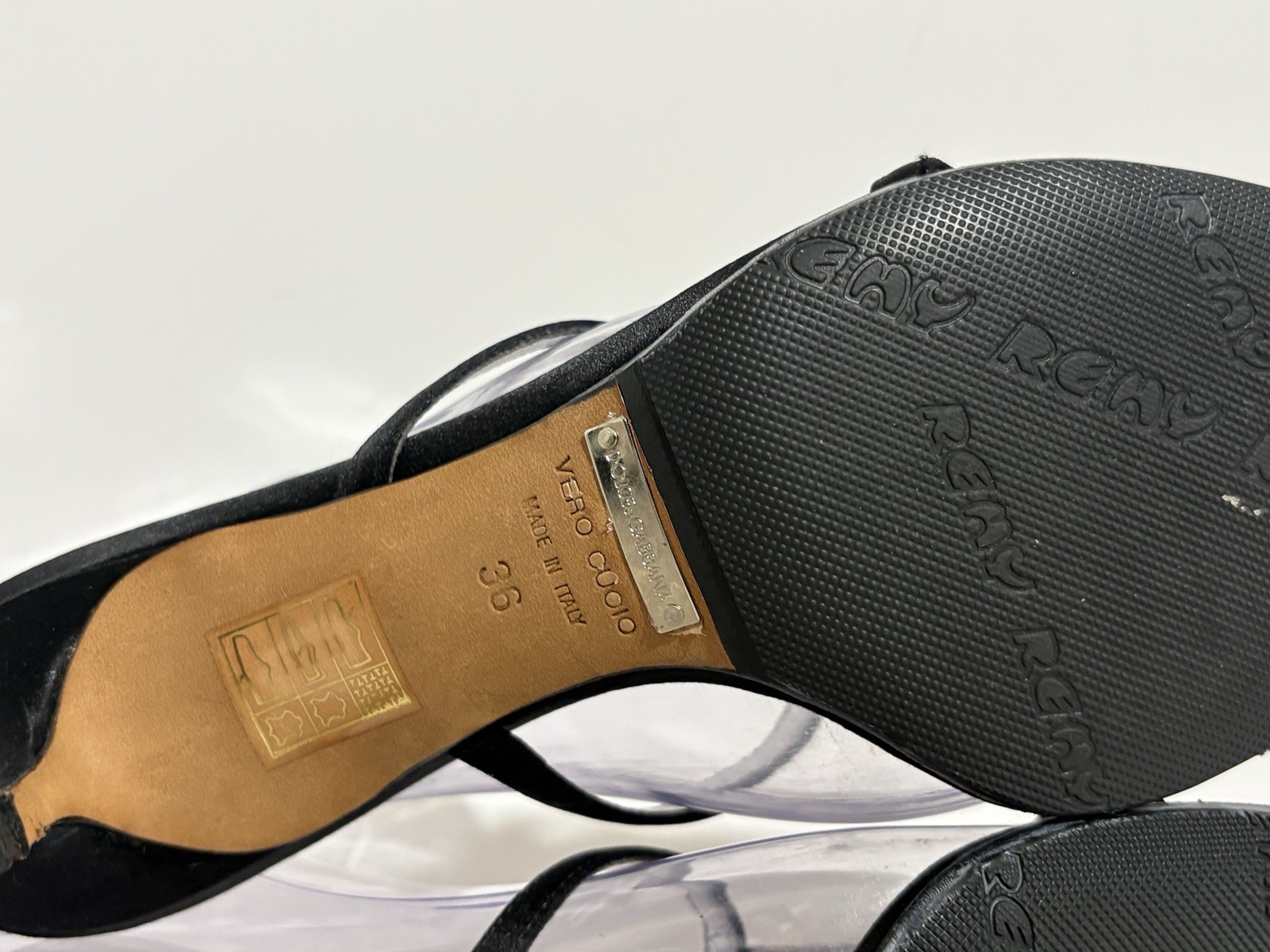 Vtg Dolce & Gabbana Black Satin Crystal Logo Sandal Heels 36