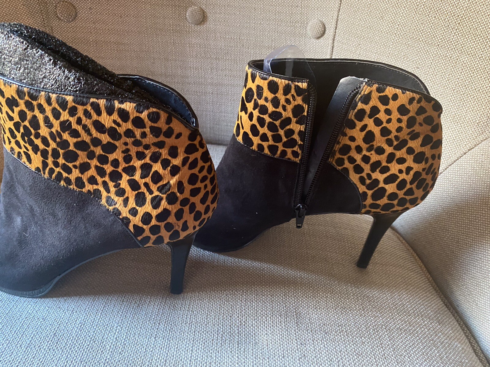 Nine West Open Toe 3.5 in. Black Suede Leopard Skin Bootie Pumps – Size 11 NIB