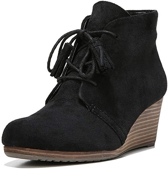 NIB Dr. Scholl’s Women’s Dakota Booties Black Microfiber Suede Tie Wedge Size 9