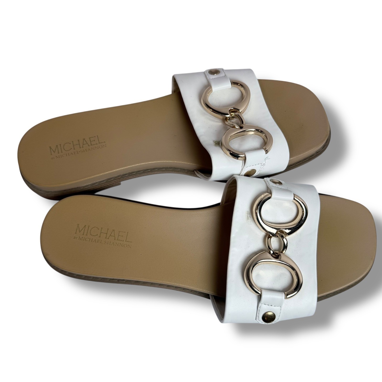 EUC Michael by Michael Shannon White & Gold Chain Detail Slide Sandals Size 9M