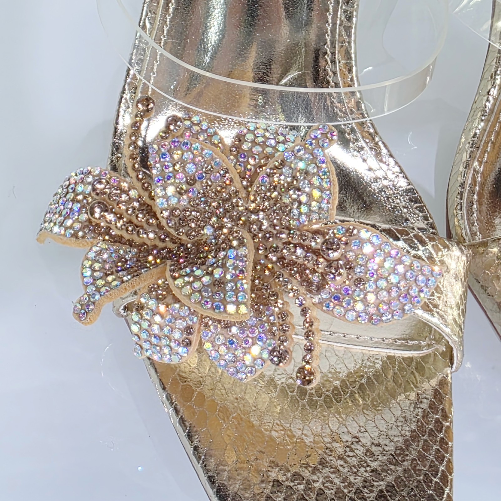 Lily Rhinestone Flower Gold Slip On 3.25″ Heel Casual Evening Party Shoes