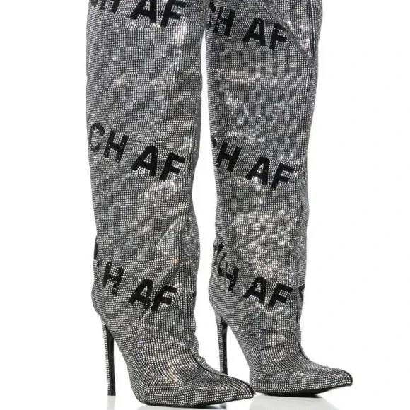 AZALEA WANG «AUTHENTICALLY AF» RHINESTONE KNEE HIGH BOOT IN SILVER Size 11