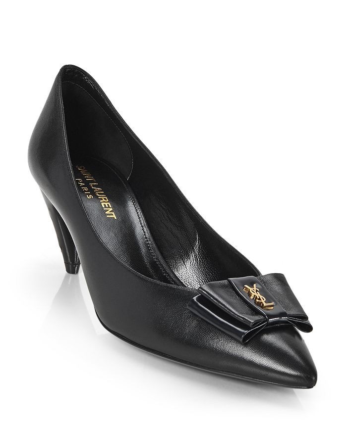 YSL SAINT LAURENT Anais 55 Pumps 37 7 Black Navy Pointed Toe Bow Gold Logo Shoes