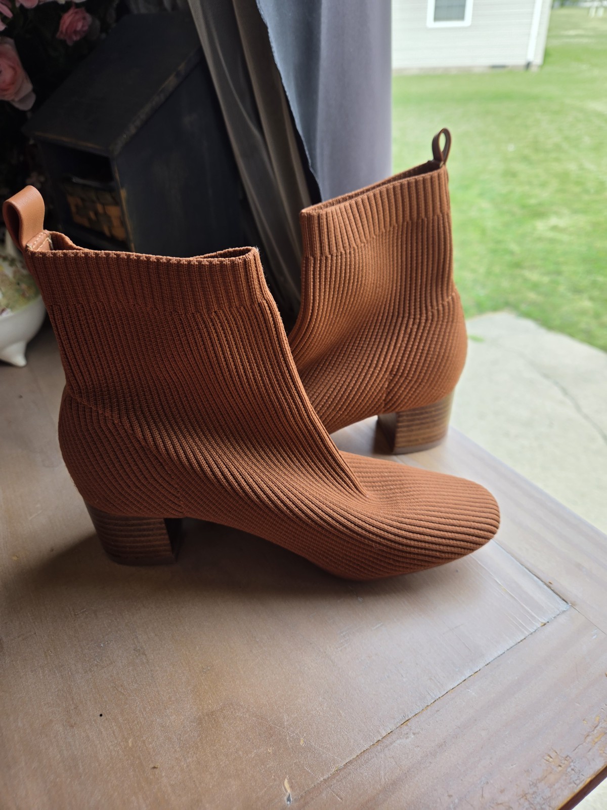 Joie Womens Neely Boots Size 7 Toffee Rust Knit Sock Booties Block Heel Stretch