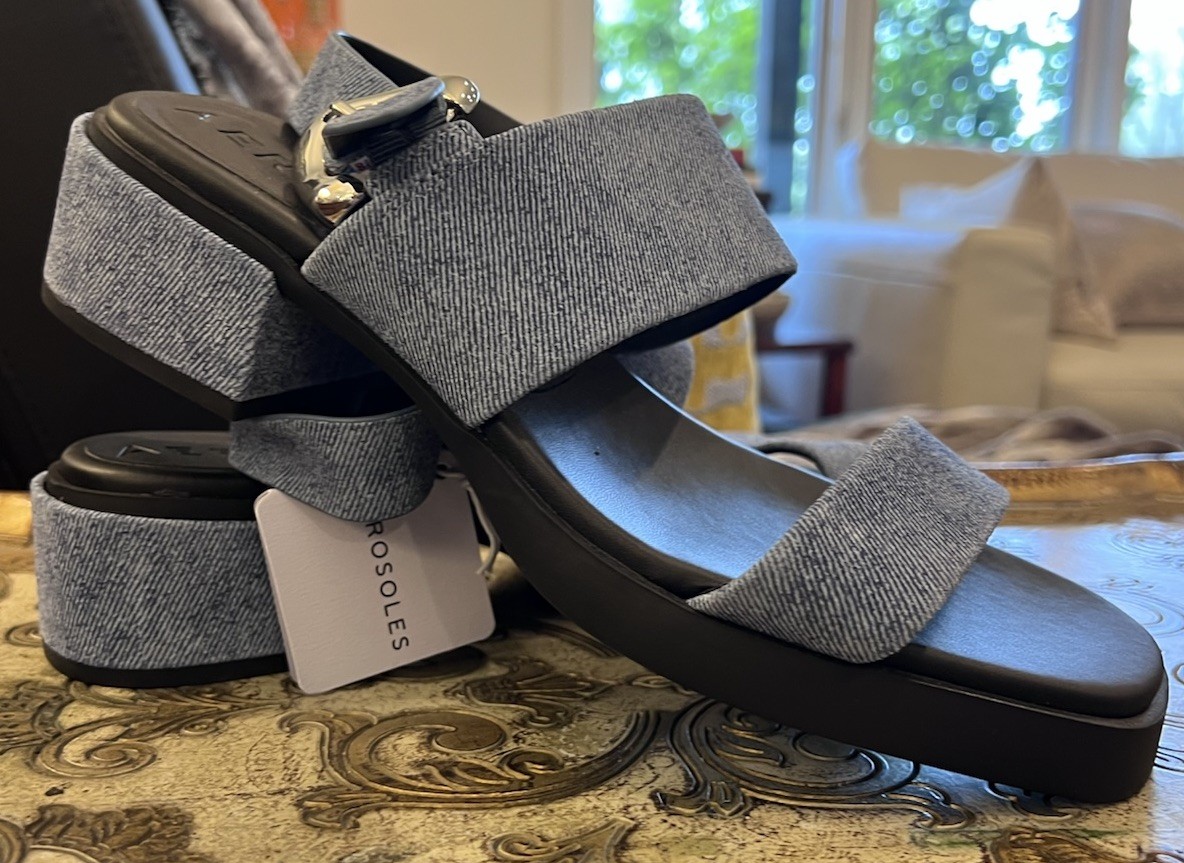 Aerosoles NWT Womens Denim 2.5” Block Heel Sandal Silver Buckle Black Sole Sz 10
