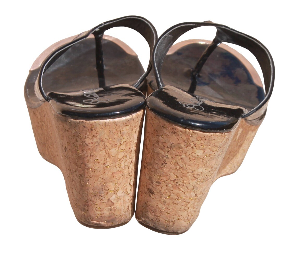 {DbDk} Black Wedges/Sandal/Shoes Open Toe Faux Patent Cork Gold Tip 3.25 in ~7.5