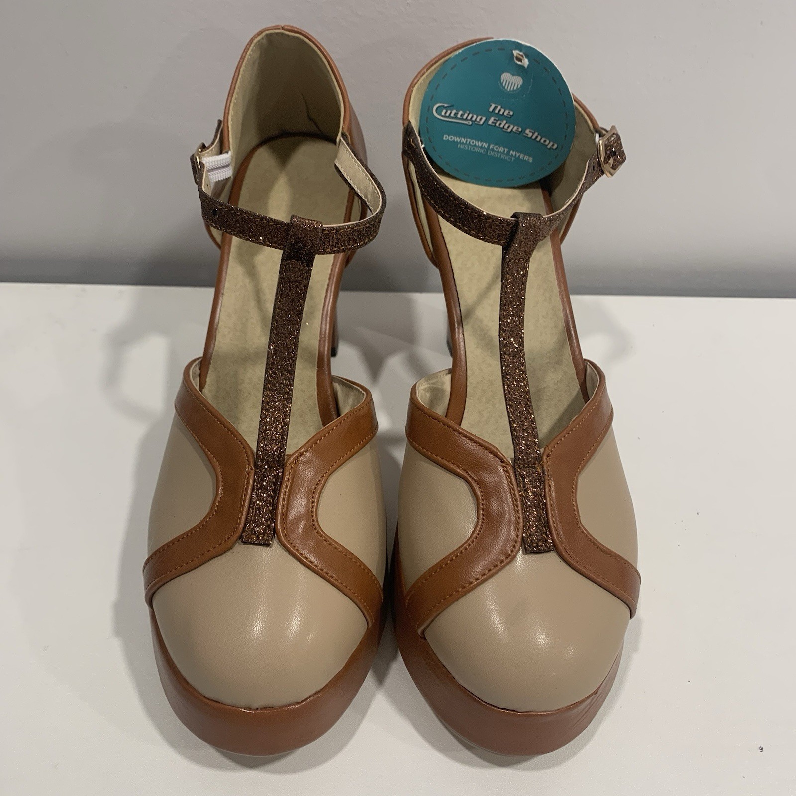 Chic Mary Jane Ankle Strap Block Heel Shoes Brown Women’s EU 38 US 7.5-8 Sparkle