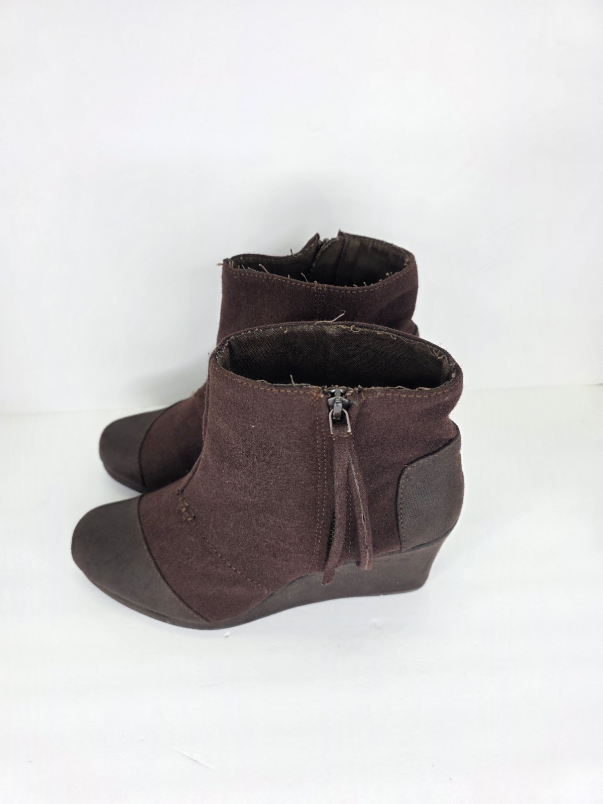 Toms Wedge Boots Zip Brown Comfort Casual Fashion Ankle Booties Womens Size 9.5