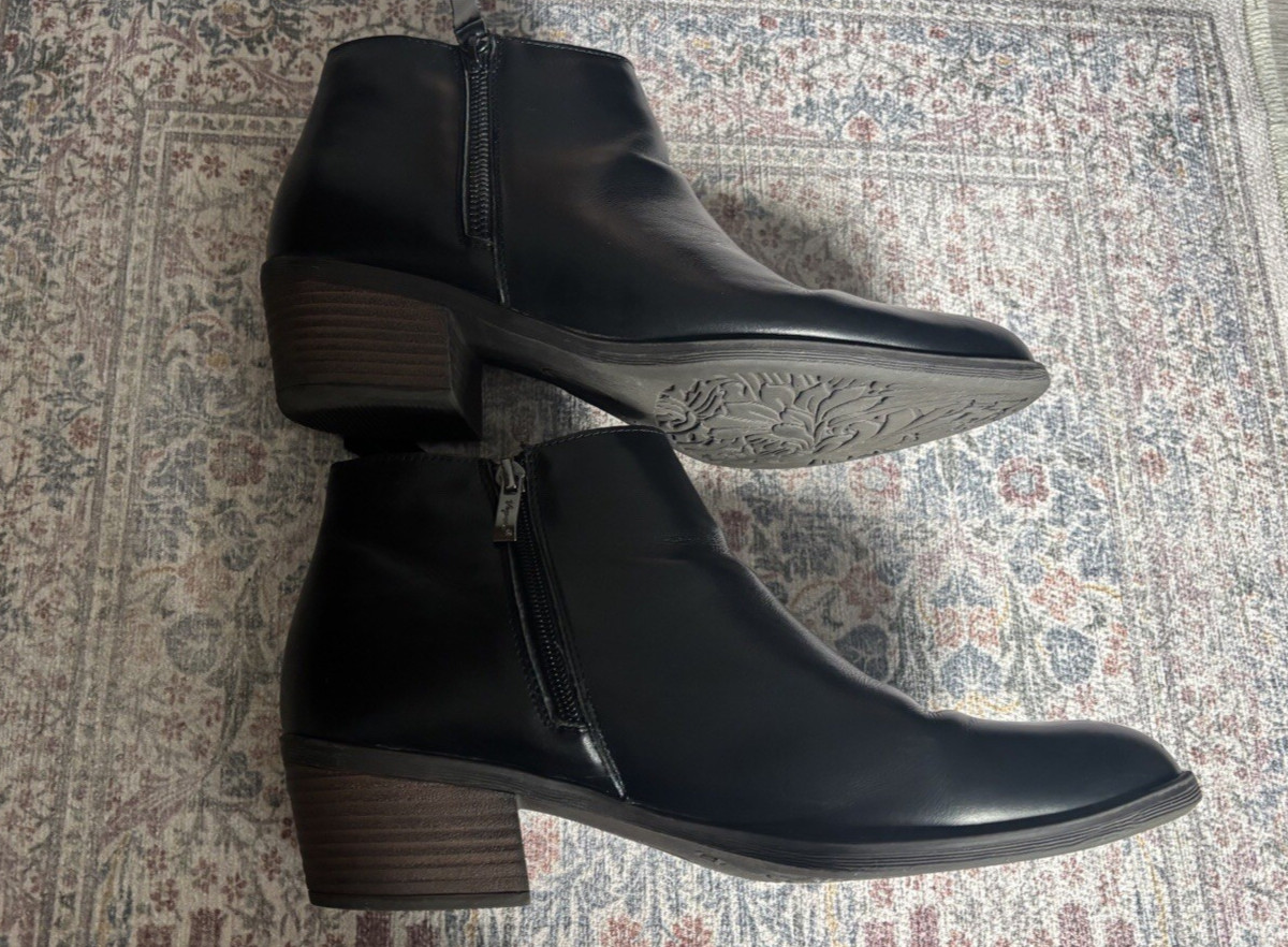 Vepose Black Leather Side Zip Ankle Boots Stacked Heel Rubber Sole Booties~11