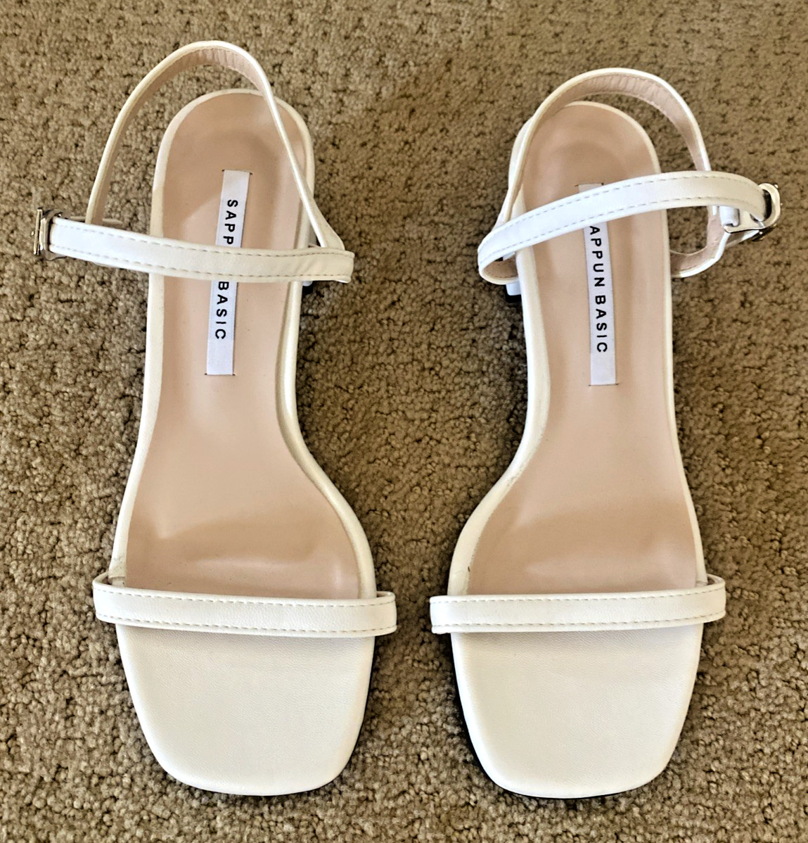 Korean Square Toe Block White Chunky Heel NWOB Slingback Sandals 230 US 6