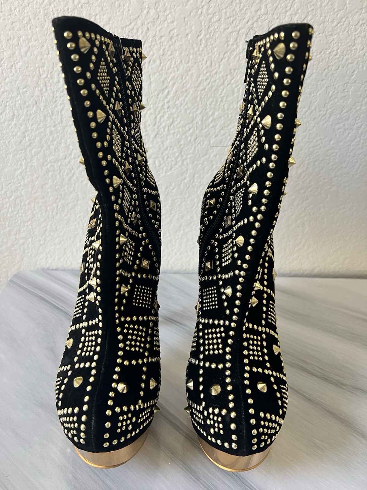 Vigo Fiore Black Velvet Studded Spiked Platform Zip Mid-Calf Boots Women 8 Sexy