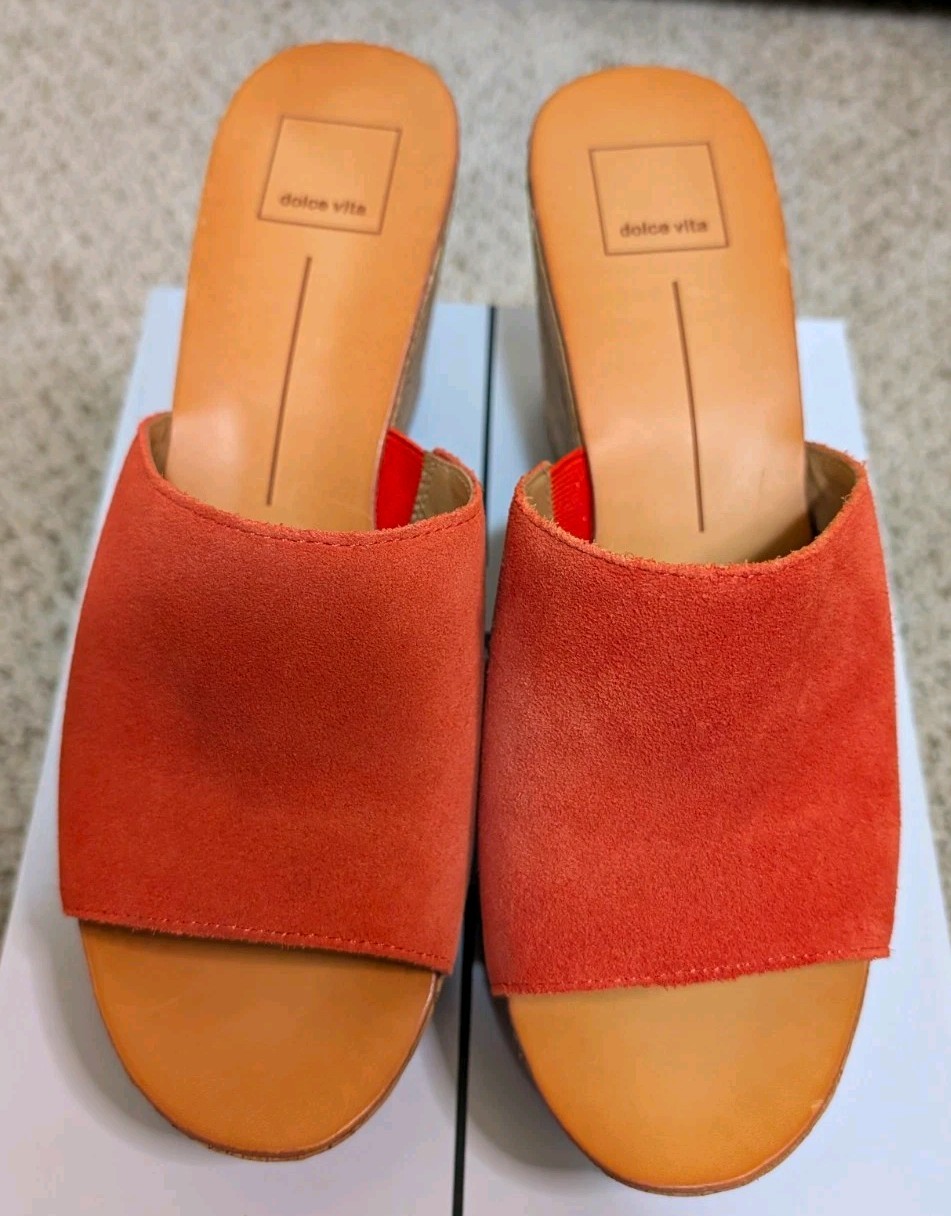 Dolce Vita Women’s Orange Suede Wedge Slide Sandals Slip-On Straps US 9.5
