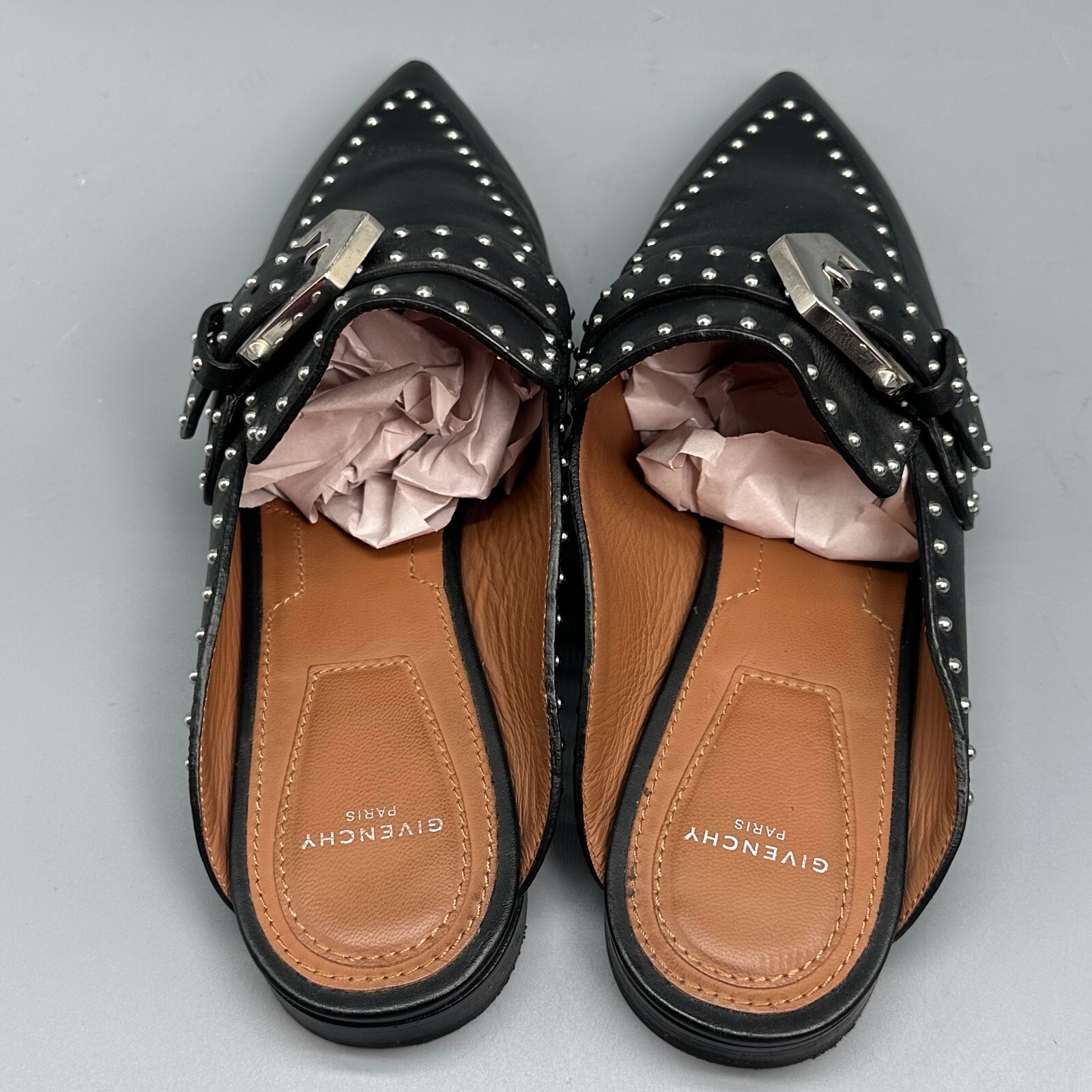 Givenchy Elegant Women US 6 EUR 36.5 Black Leather Slip-On Pointed Studded Mules