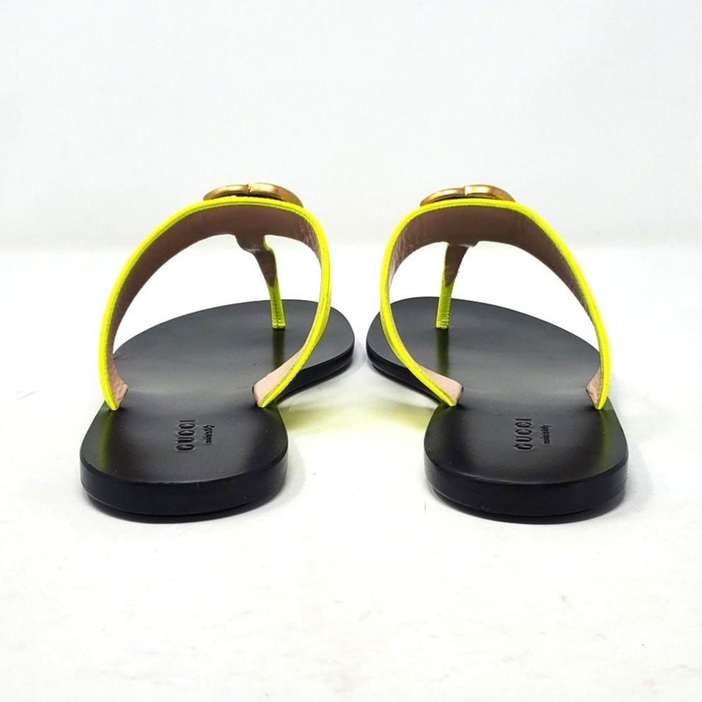 Gucci Marmont GG Sandal Thong Flat With Double G In Yellow Fluo Leather Size 37