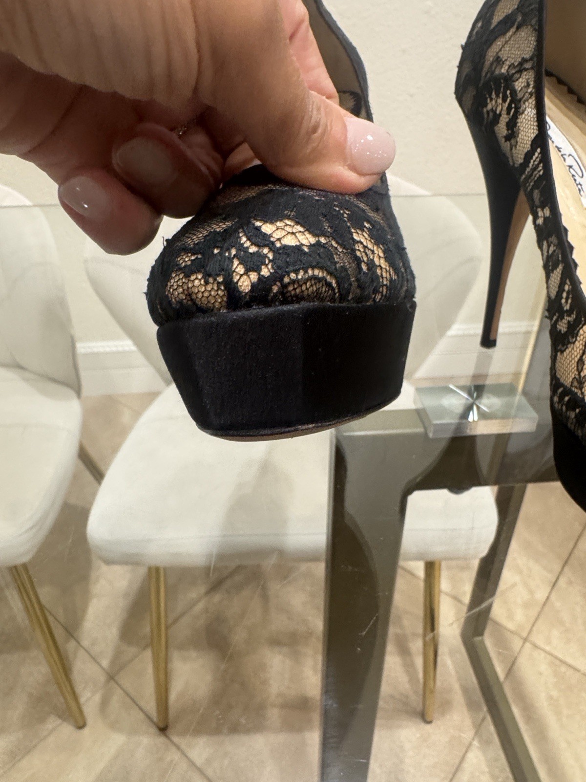 Oscar de La Renta Black Lace Pumps Platform With Sheer Overlay