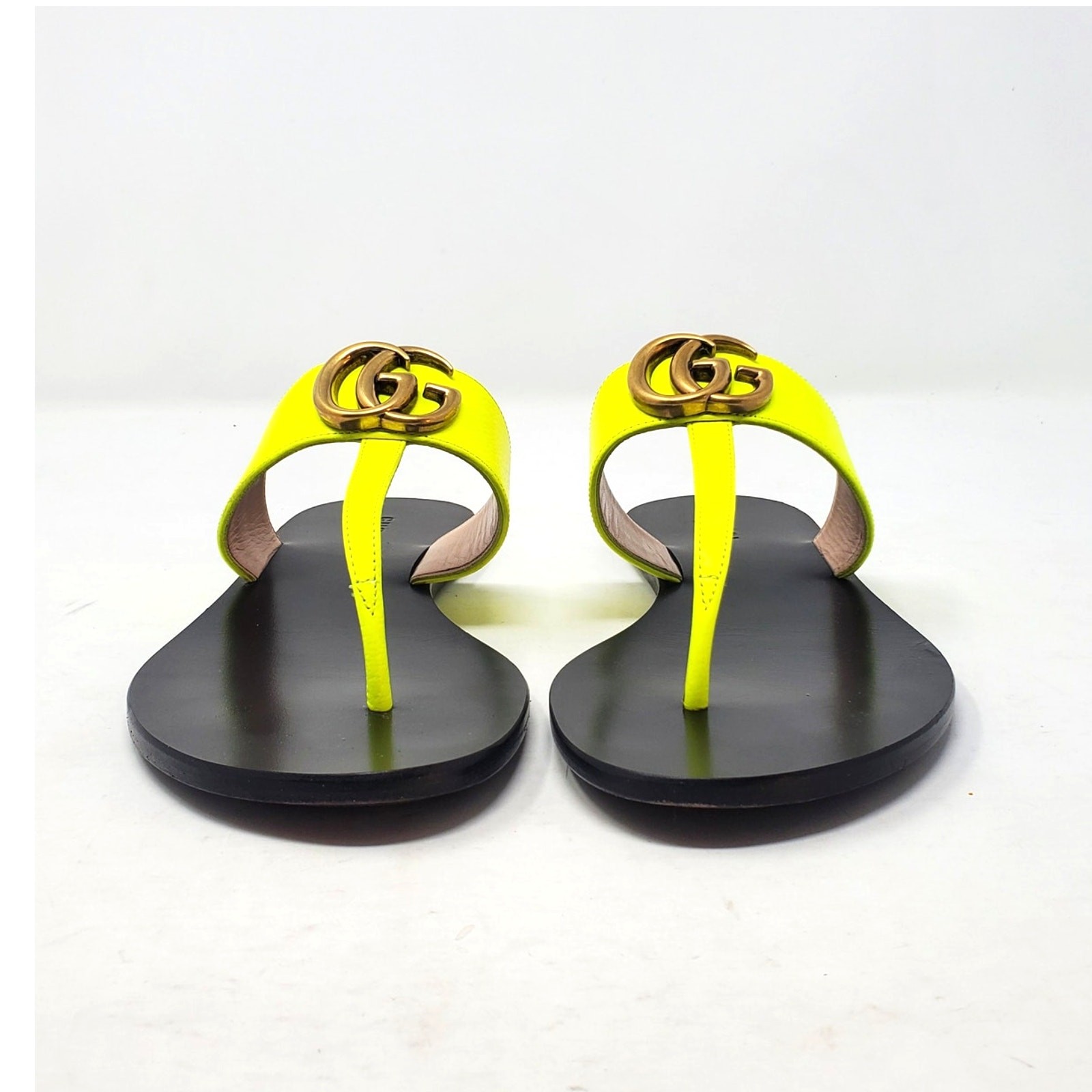 Gucci Marmont GG Sandal Thong Flat With Double G In Yellow Fluo Leather Size 37