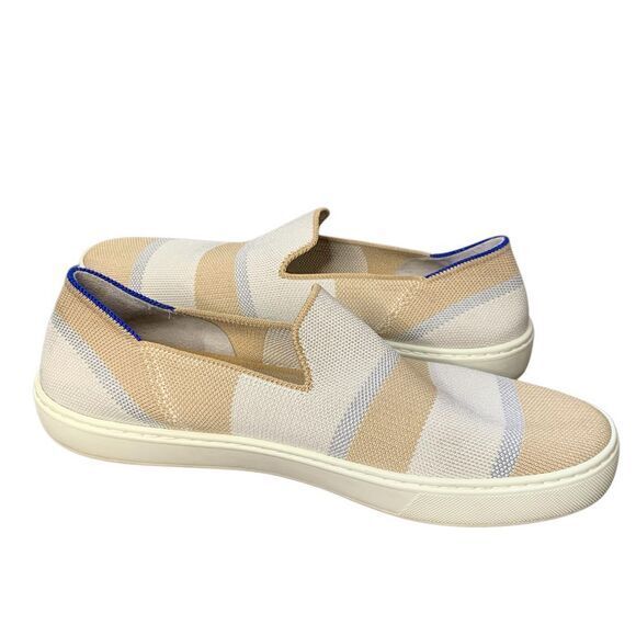 Rothy’s Birch Stripe Slip On Sneaker in tan, blue silver and white. Size 10