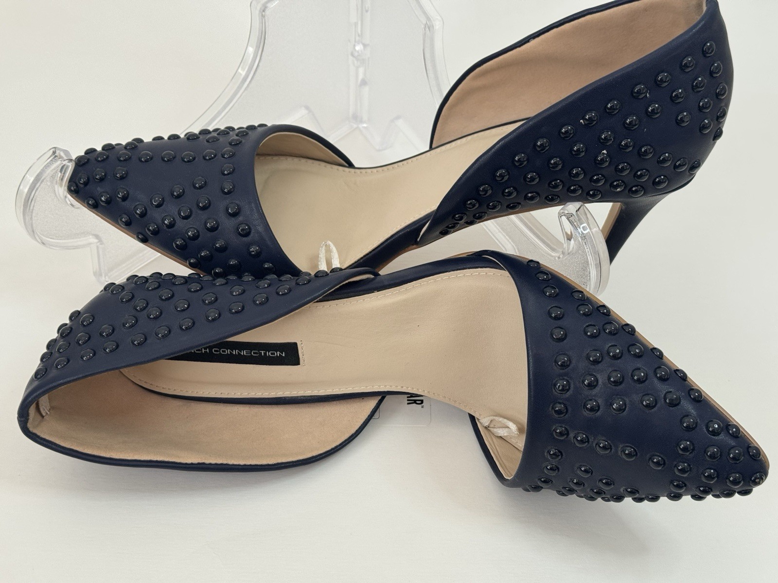 French Connection Shoe Womens Black Vegan Leather Pump Pearl Studded Heels Sz 10