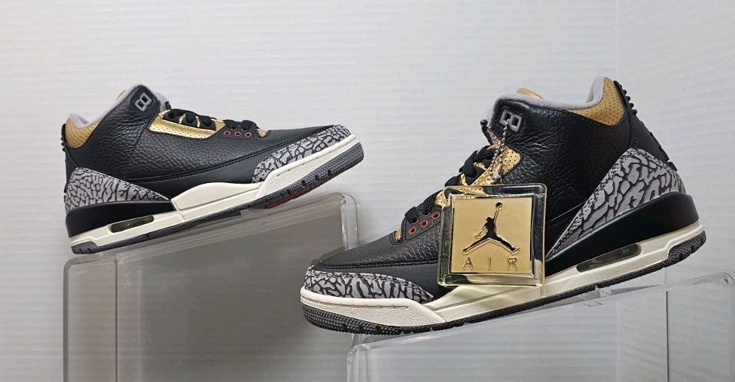 Size 7.5-Women Air Jordan 3 Retro Black/Fire Red-Metallic Gold CR9246-067