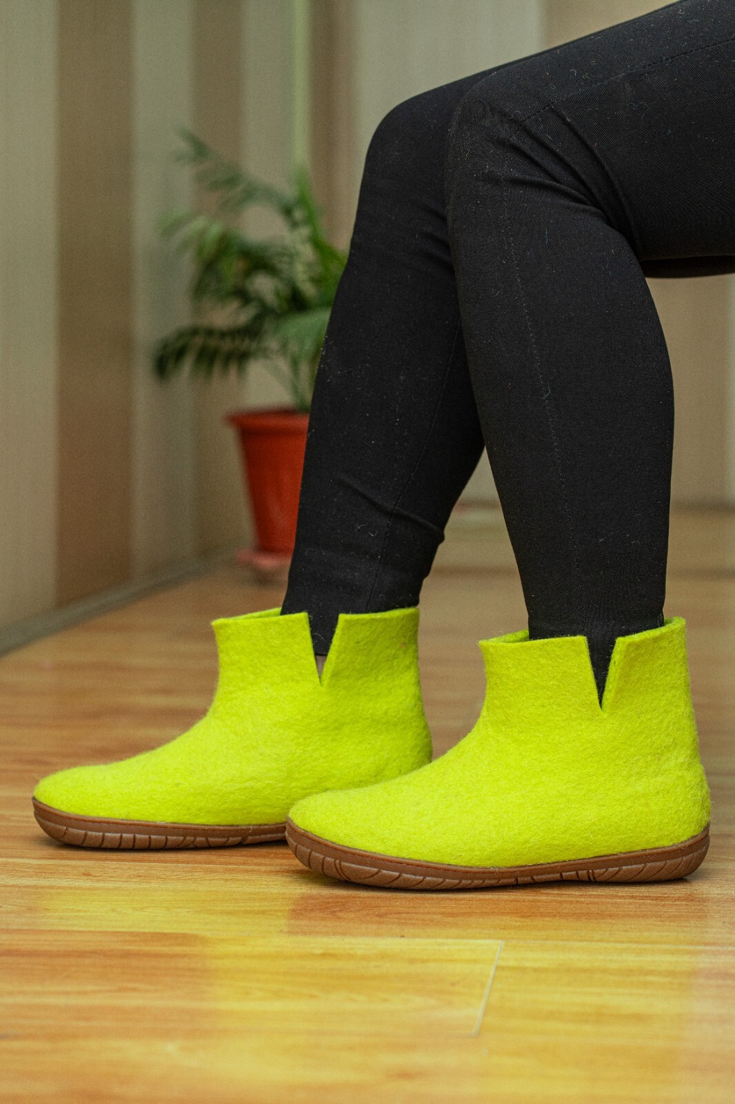 Woollyes Outdoor Low felted Boot with Rubber Sole-Lime Green for Comfort & Style