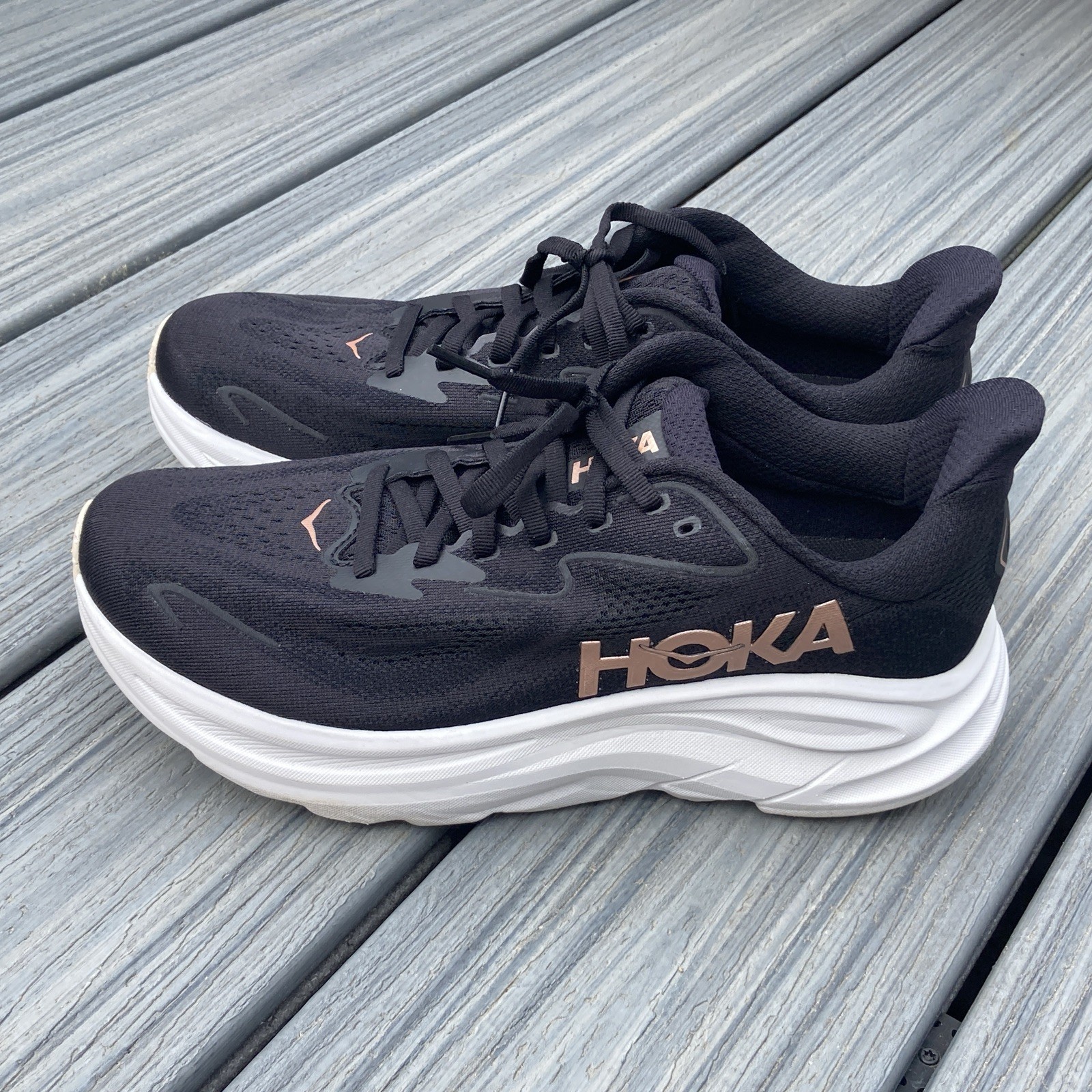Hoka Clifton 10 Shoes Women 9.5 Black/ Rose Gold Athletic Running Sneaker