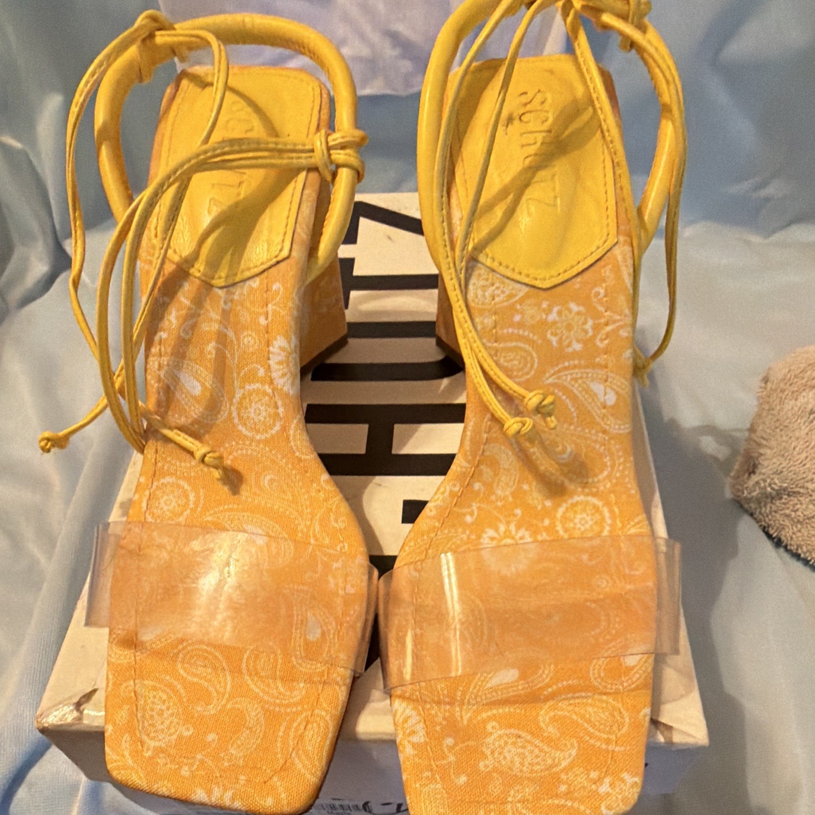 Schutz Yellow/Clear Paisley Tie Ankle Strap Sandals Women’s US 7