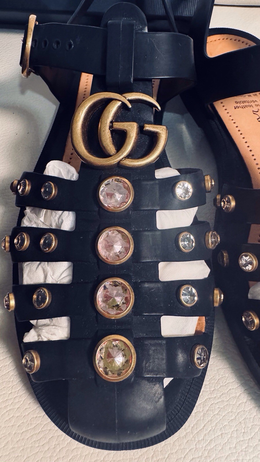 Gucci Marmont Crystals Bezel Cage Fisherman GG Feline Head Rubber Sandals 39 Bag