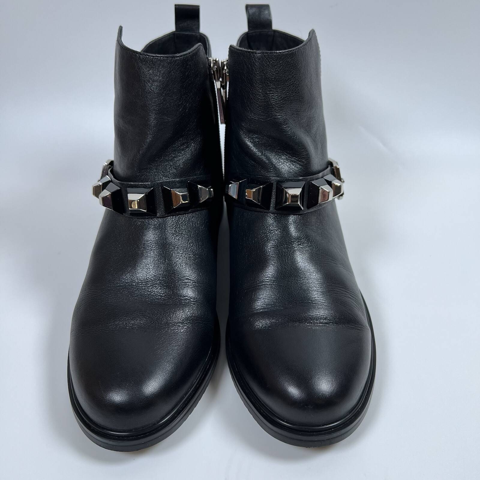 Balidoner Black Leather Ankle Boots Buckle Strap Studded Moto Biker