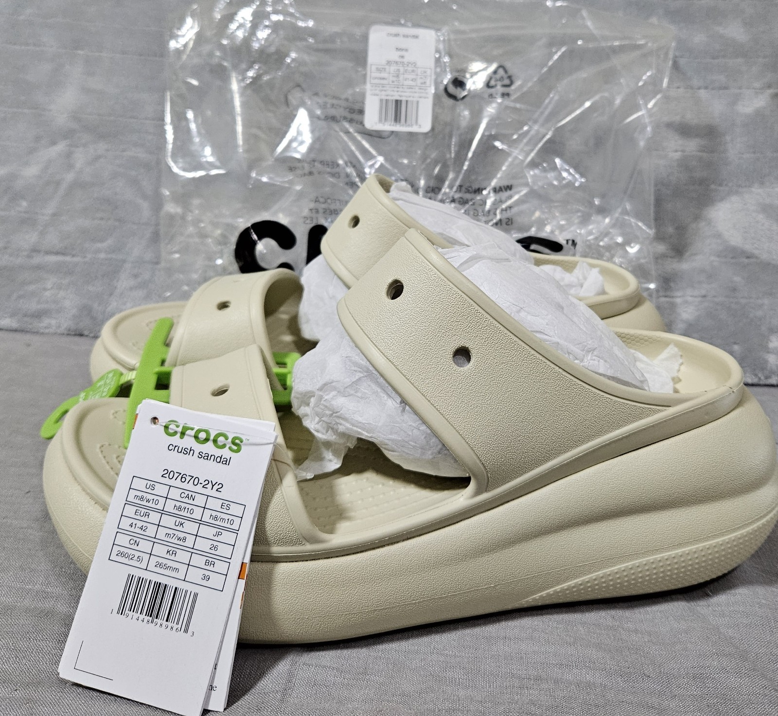 Crocs Crush Sandal Platform 2 Strap Women’s Size 10 Men’s Size 8 Bone 207670
