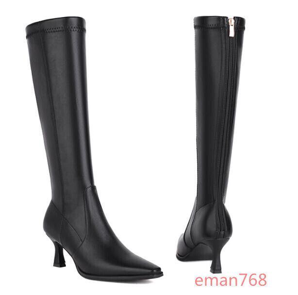 Women Faux Leather Knee High Knight Boots Kitten Heels Pointed Toe Shoes